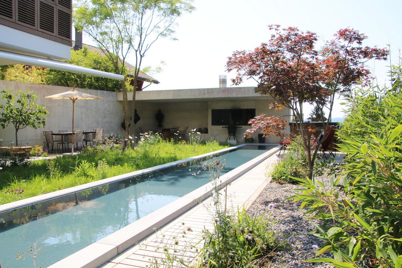 Gartengestaltung mit Wasserbecken und schöner Bepflanzung