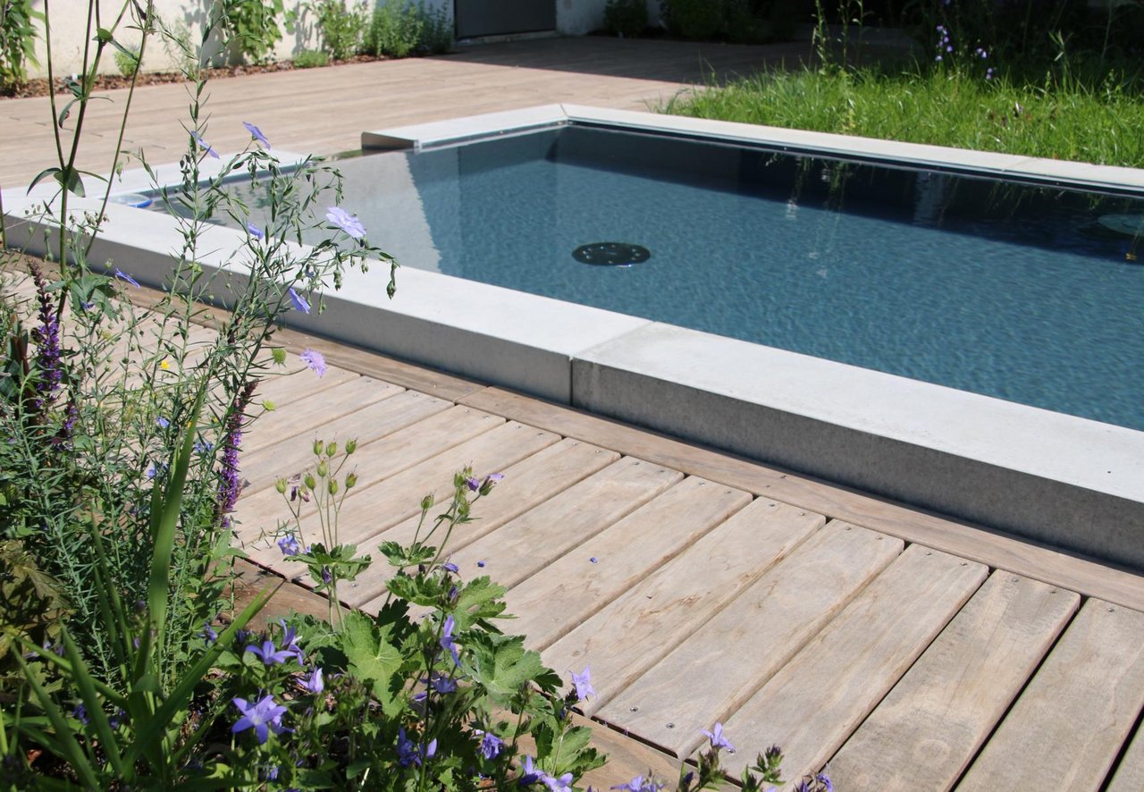 Wasserbecken aus Beton mit Bepflanzung am Rand
